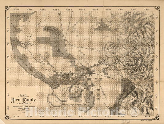 Historic 1888 Map - Map of a Portion of Kern County, California. : Showing ranches, Lakes, Rivers, canals, sloughs, and Artesian Wells.