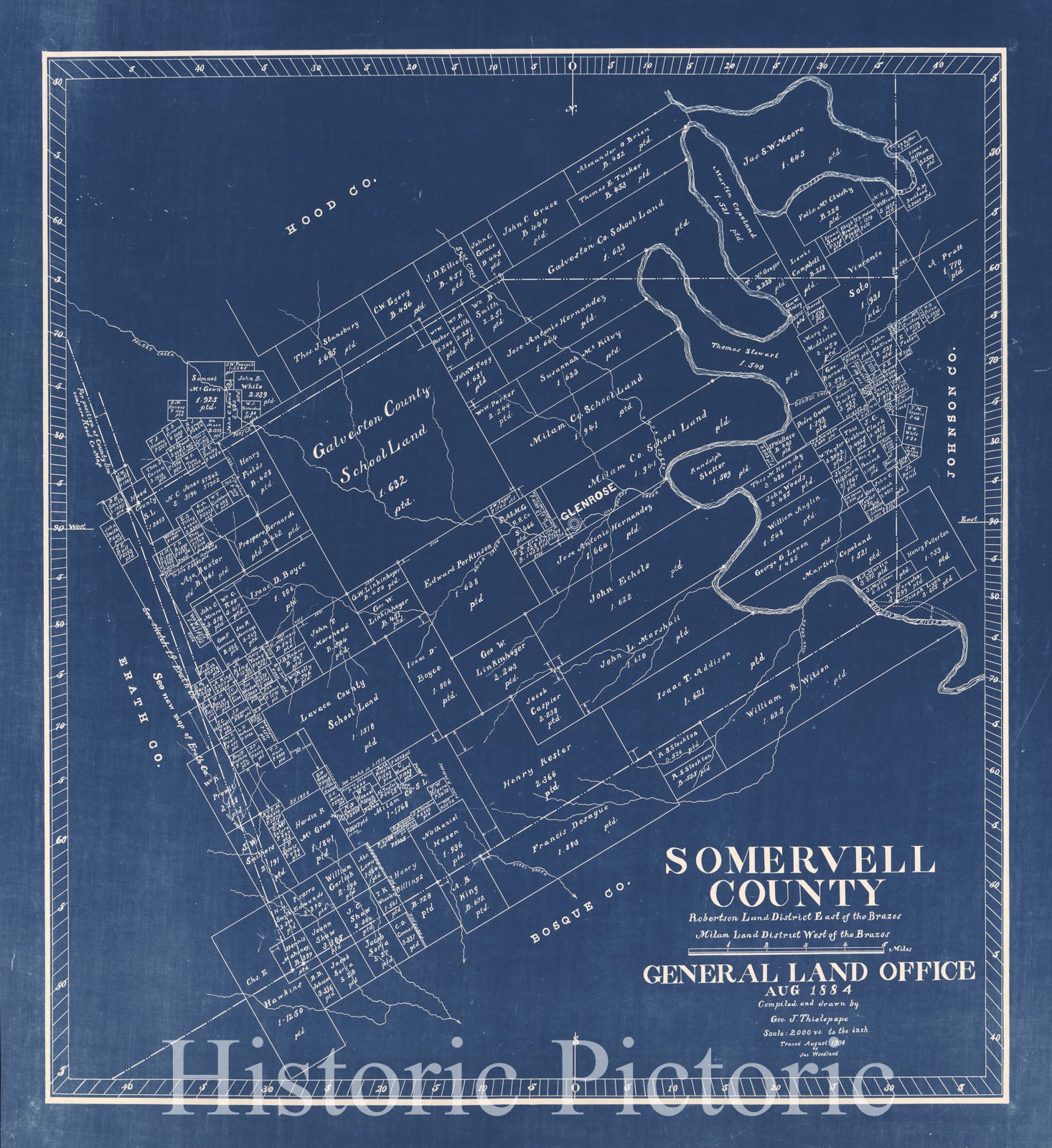 Historic 1884 Map - Somervell County : Robertson Land District East of The Brazos, Milam Land District West of The Brazos