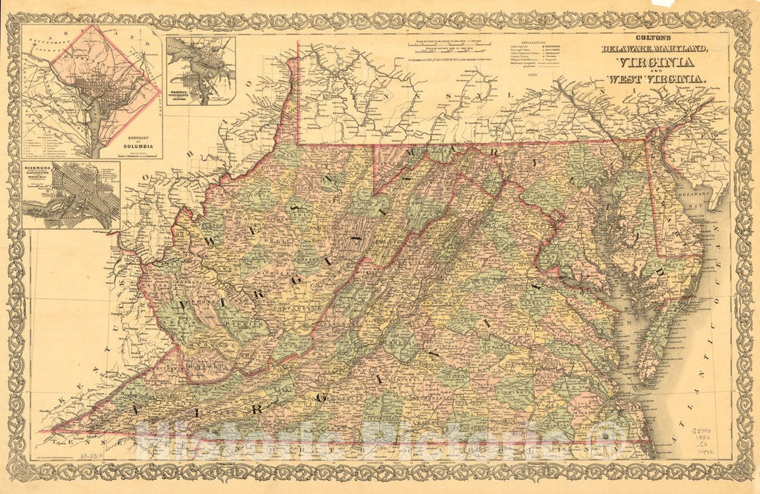 Historic 1886 Map - Colton's Delaware, Maryland, Virginia and West Virginia.