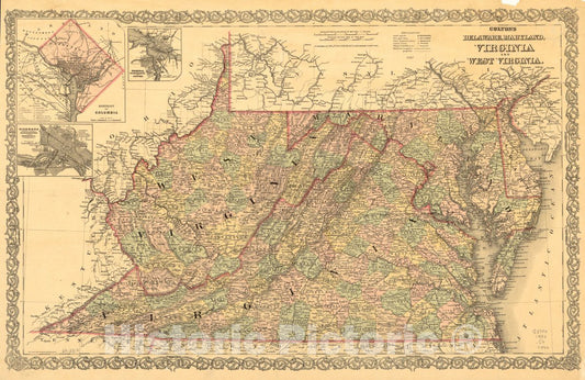 Historic 1886 Map - Colton's Delaware, Maryland, Virginia and West Virginia.