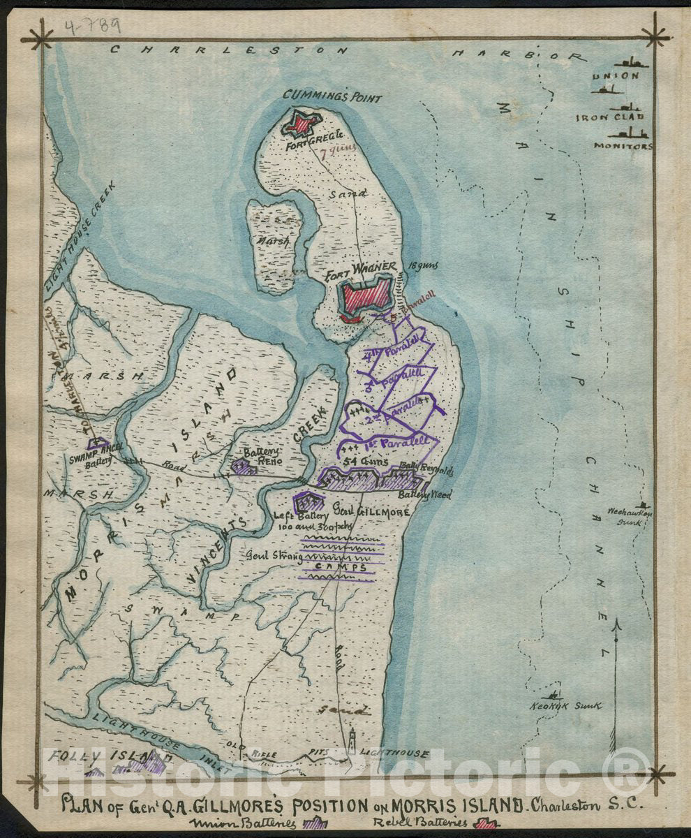 Historic 1861 Map - Plan of Genl Q. A. Gillmore's Position on Morris Island, Charleston S.C.
