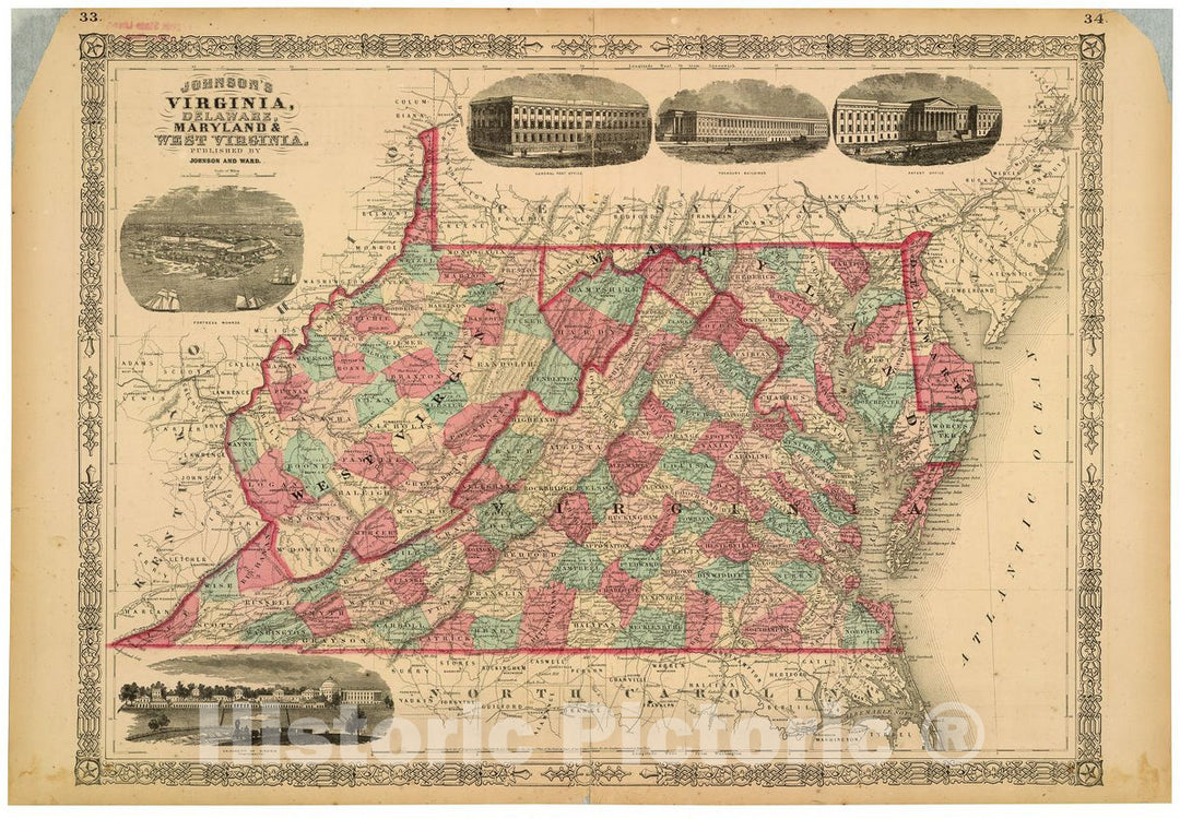 Historic 1864 Map - Johnson's Virginia, Delaware, Maryland & West Virginia