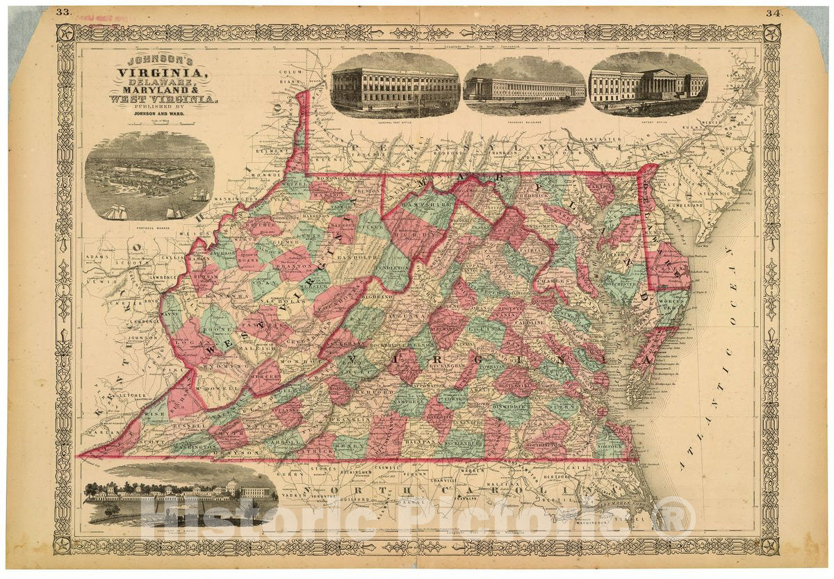 Historic 1864 Map - Johnson's Virginia, Delaware, Maryland & West Virginia