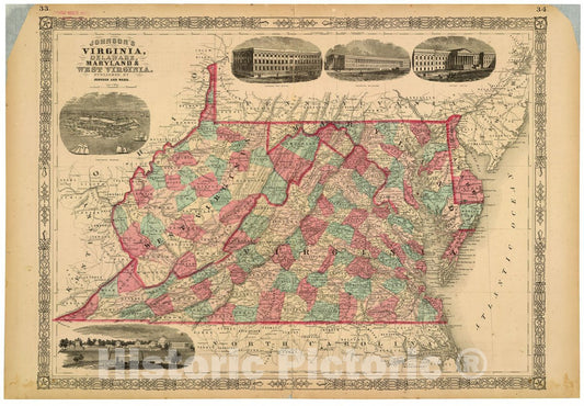 Historic 1864 Map - Johnson's Virginia, Delaware, Maryland & West Virginia