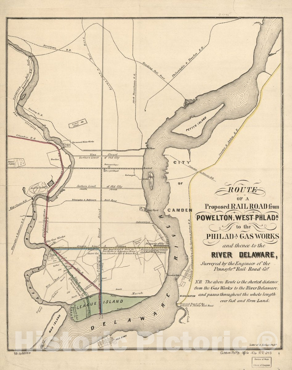 Historic 1856 Map - Route of a Proposed Railroad from Powelton, West Philad'a, to The Philad'a Gas Works and thence to The River Delaware