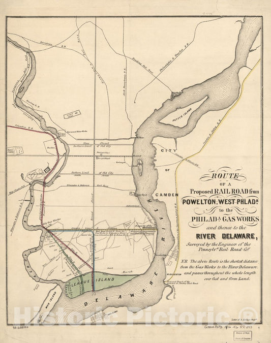 Historic 1856 Map - Route of a Proposed Railroad from Powelton, West Philad'a, to The Philad'a Gas Works and thence to The River Delaware