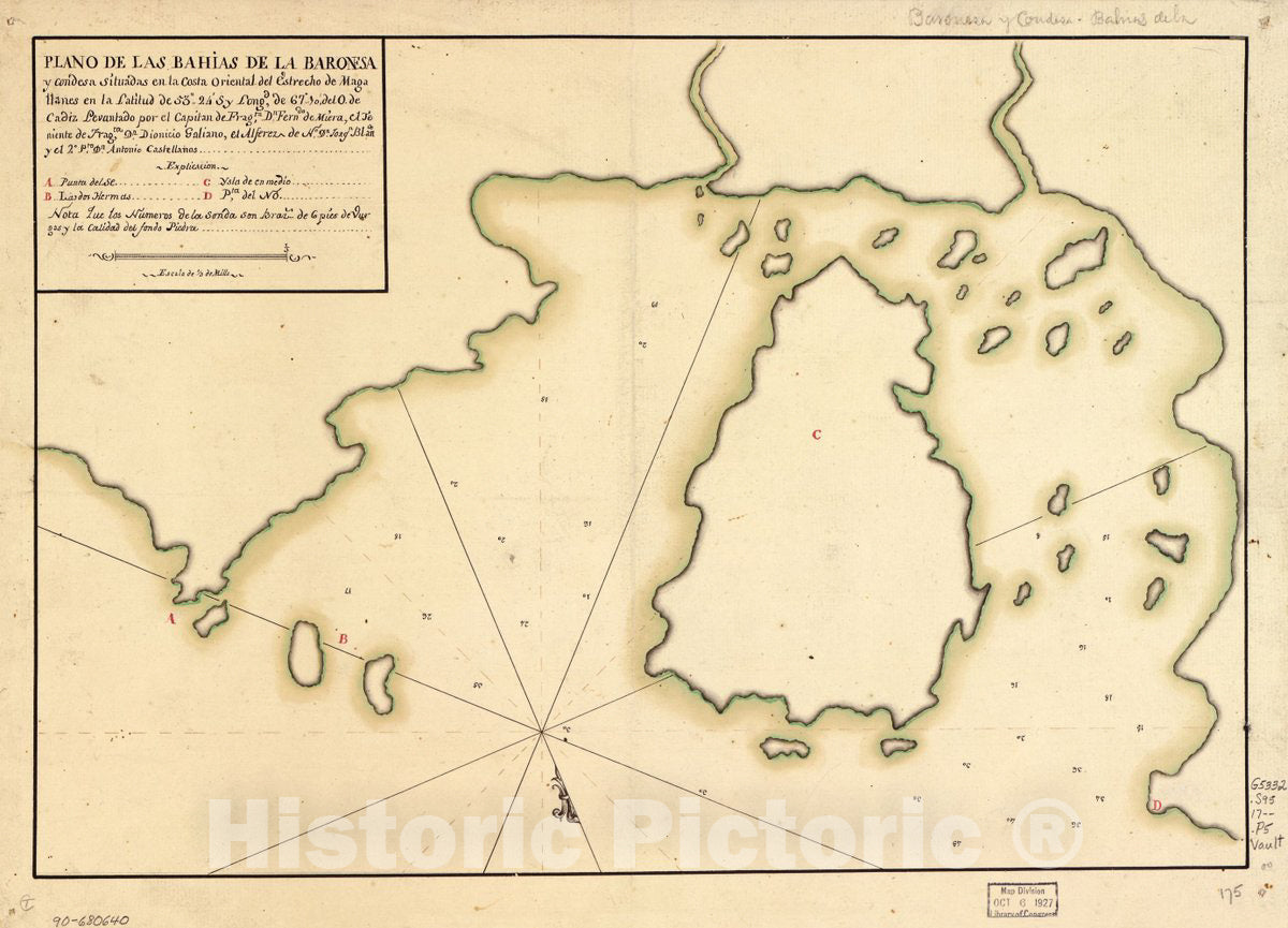Historic 1700 Map - Plano de las BahÃ­as de la Baronesa y Condesa situadas en la Costa Oriental del Estrecho de Magallanes en la latitud DE 5324S y longd. DE 6710 del O. de CÃ¡diz