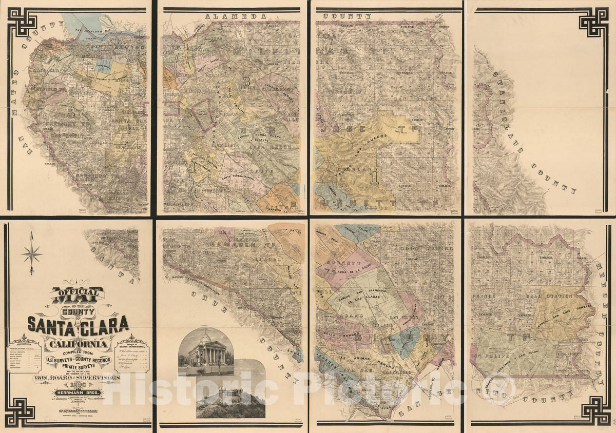 Historic 1890 Map - Official map of The County of Santa Clara, California : compiled from U.S. surveys, County Records, and Private surveys and The Tax-List of 1889