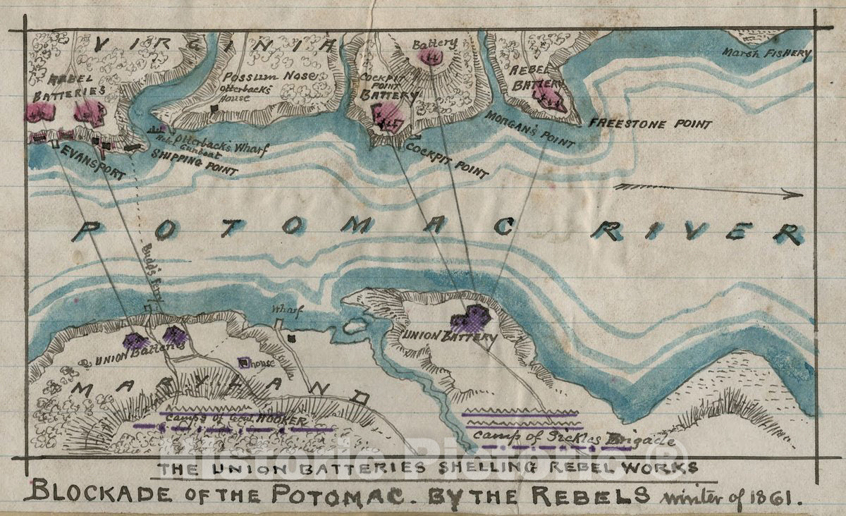 Historic 1861 Map - Blockade of The Potomac - by Rebels, Winter of 1861