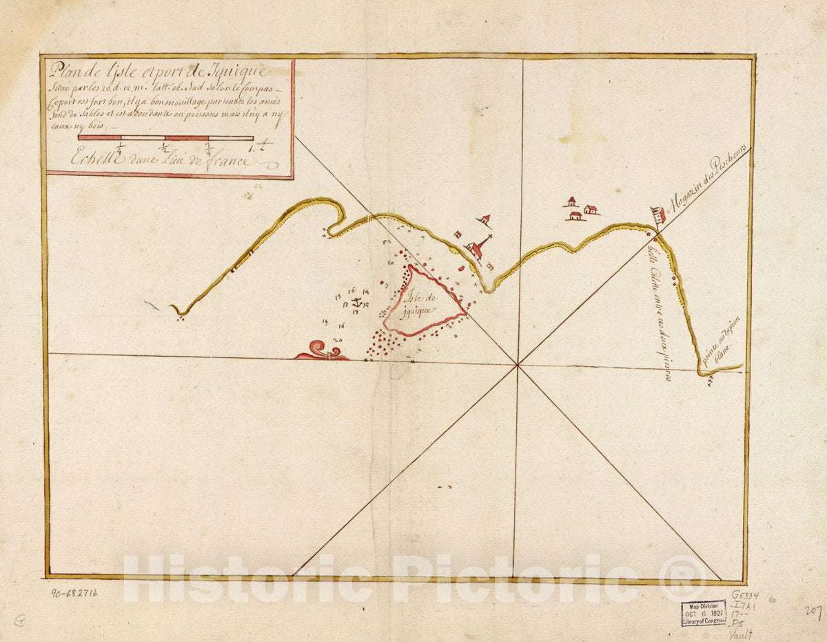 Historic 1700 Map - Plan de l'isle et Port de Iquique situÃ© par les 20. d. l2. m. latt. ob. sud selon le Compas.