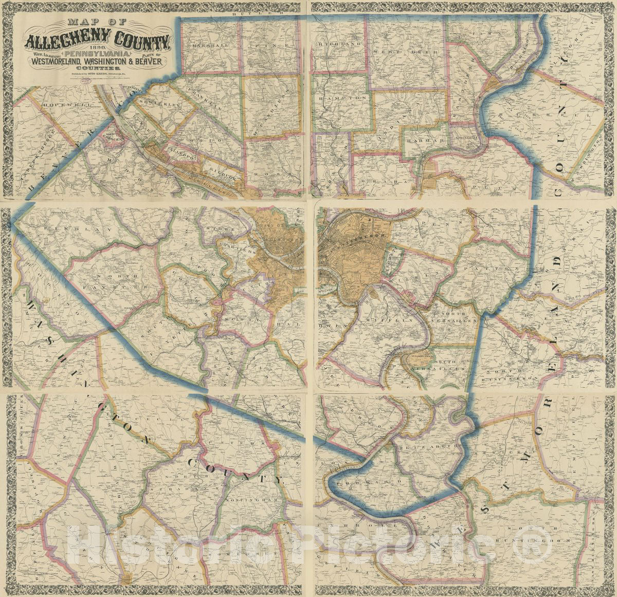 Historic 1890 Map - Map of Allegheny County, Pennsylvania, 1890 : with adjoining Parts of Westmoreland, Washington & Beaver Counties.