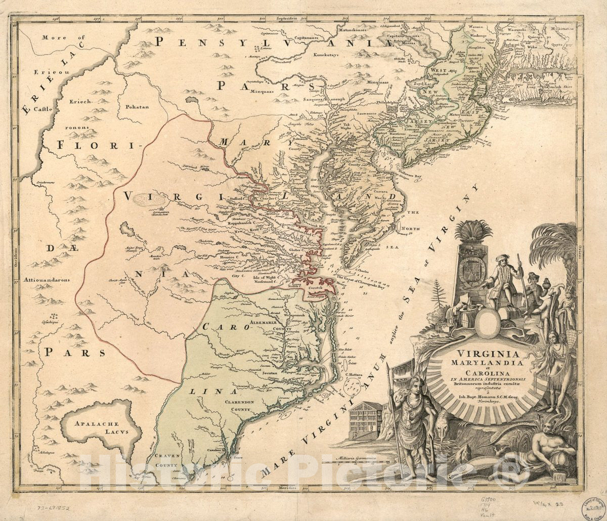 Historic 1759 Map - Virginia, Marylandia et Carolina in America septentrionali Britannorum