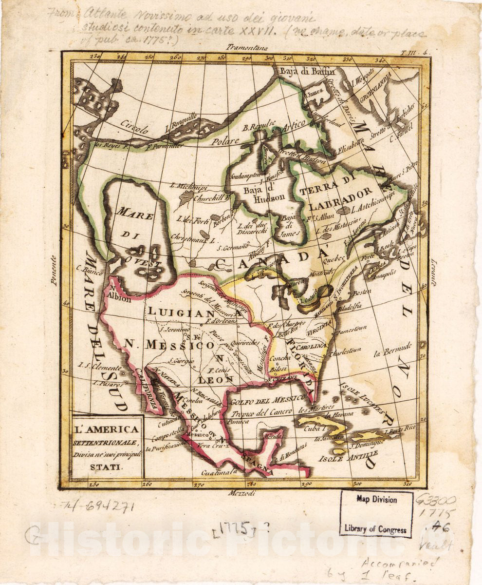 Historic 1770 Map - L'America Settentrionale, divisa nÃ© suoi principali stati.