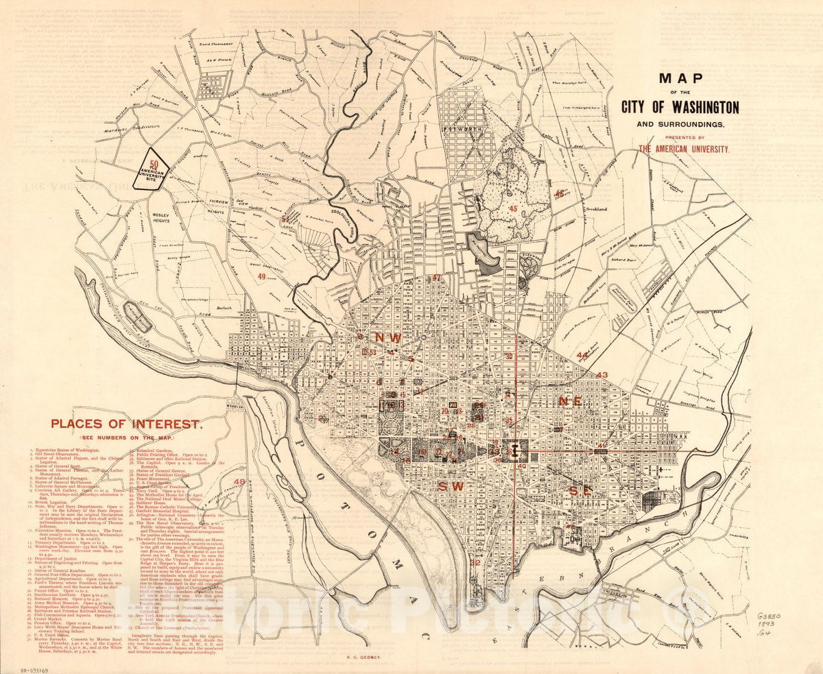 Historic 1893 Map - Map of The City of Washington and surroundings
