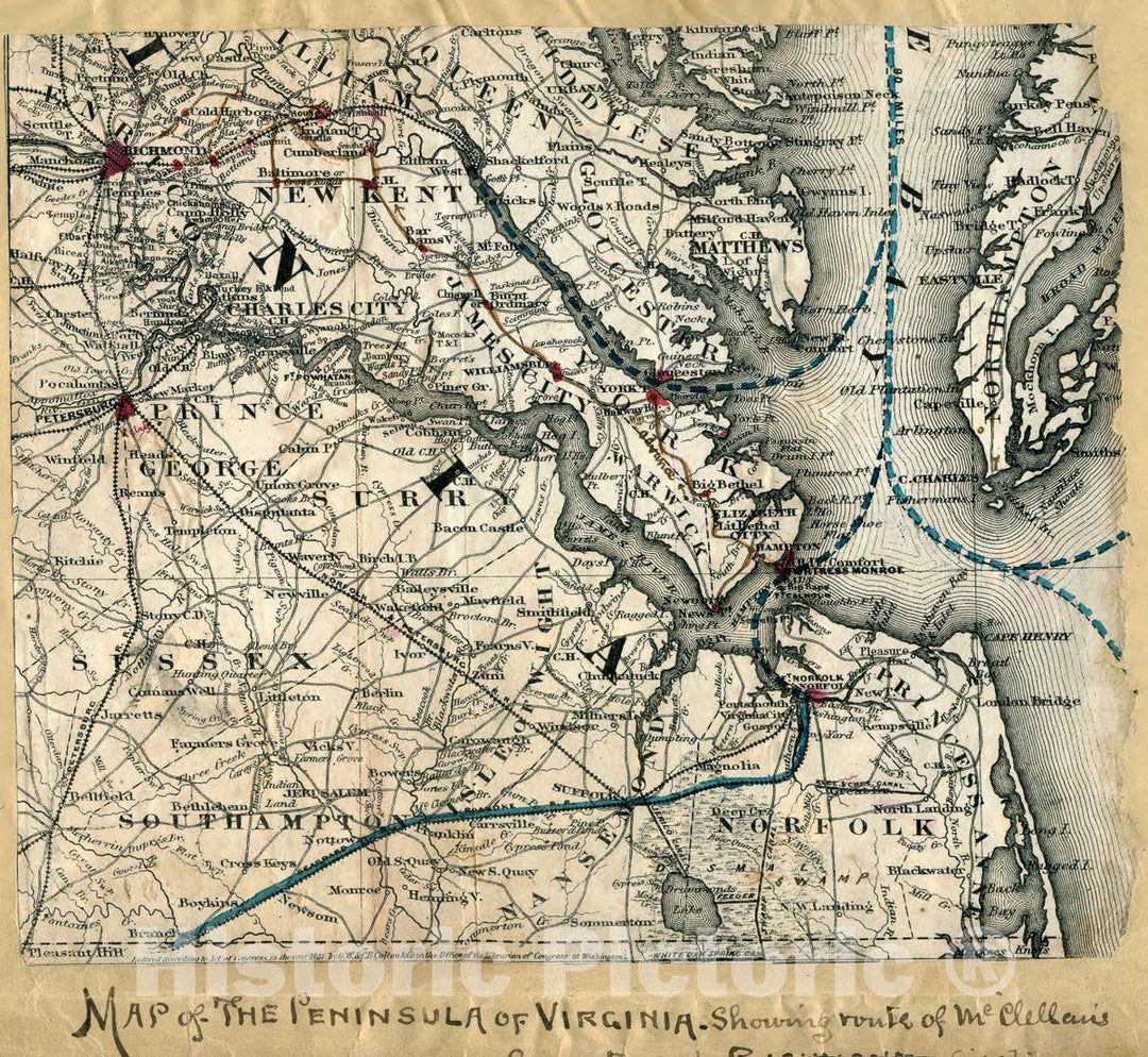 Historic 1862 Map - Map of The Peninsula of Virginia : Showing Route of McClellan's Army Toward Richmond illegible.