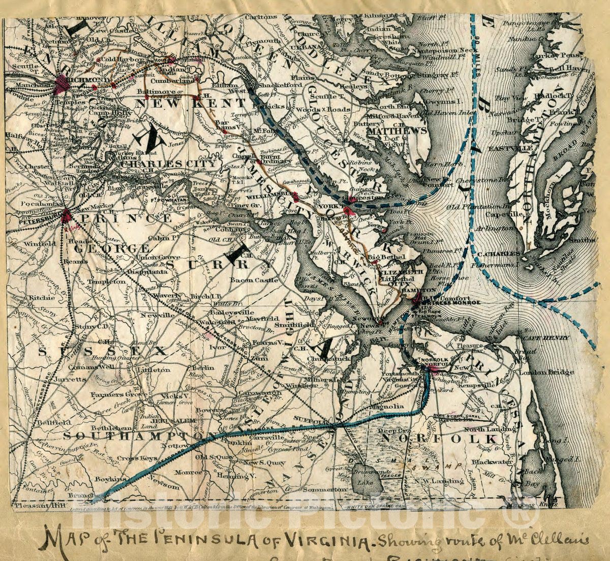 Historic 1862 Map - Map of The Peninsula of Virginia : Showing Route of McClellan's Army Toward Richmond illegible.