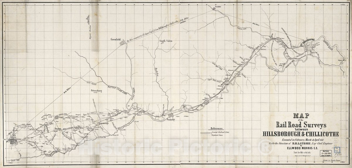 Historic 1851 Map - Map of The Rail Road surveys Between Hillsborough & Chillicothe. Executed in February, March & April 1851 Under The Direction of B. H. Latrobe, Civil Engineer,
