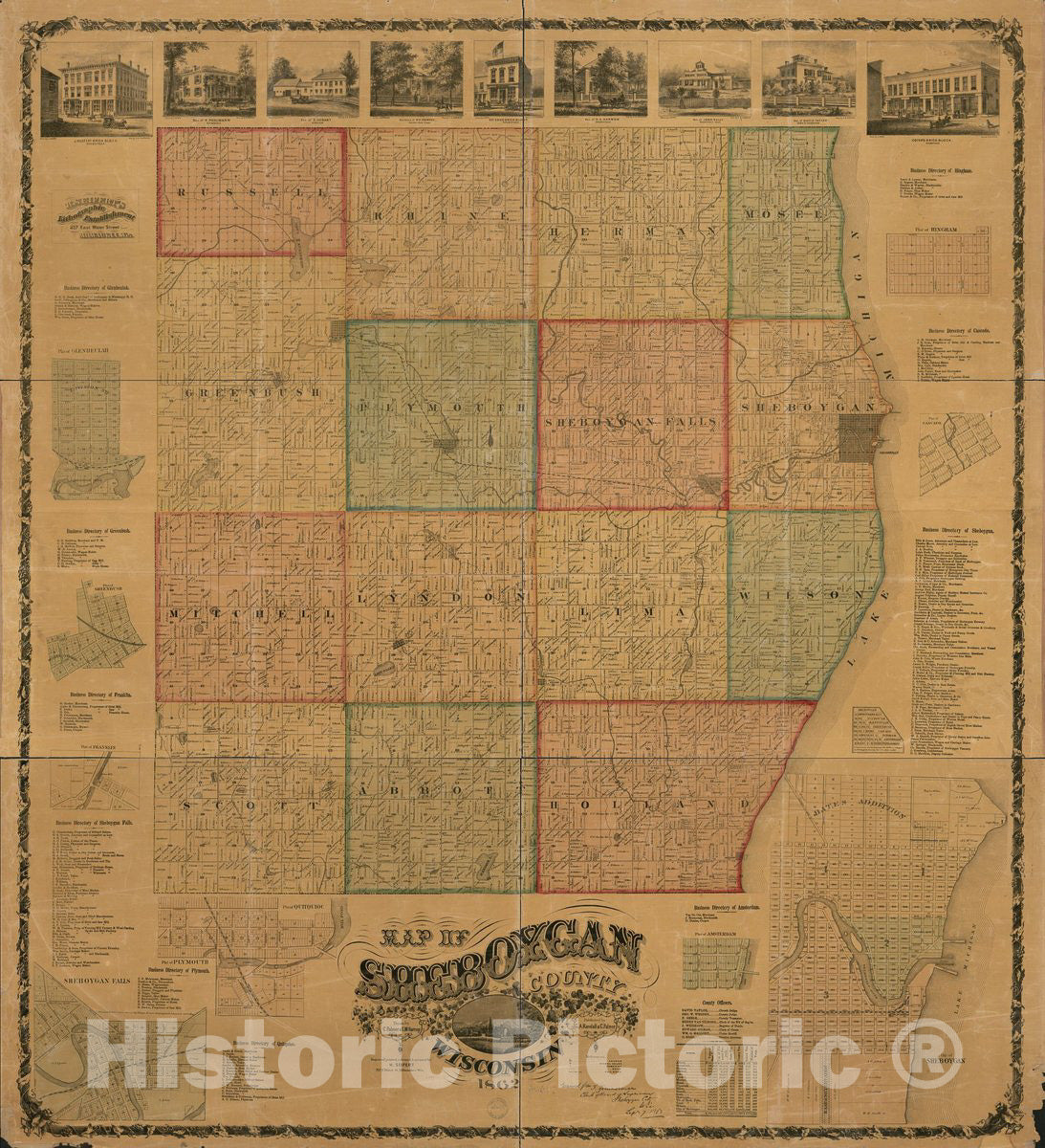 Historic 1862 Map - Map of Sheboygan County, Wisconsin