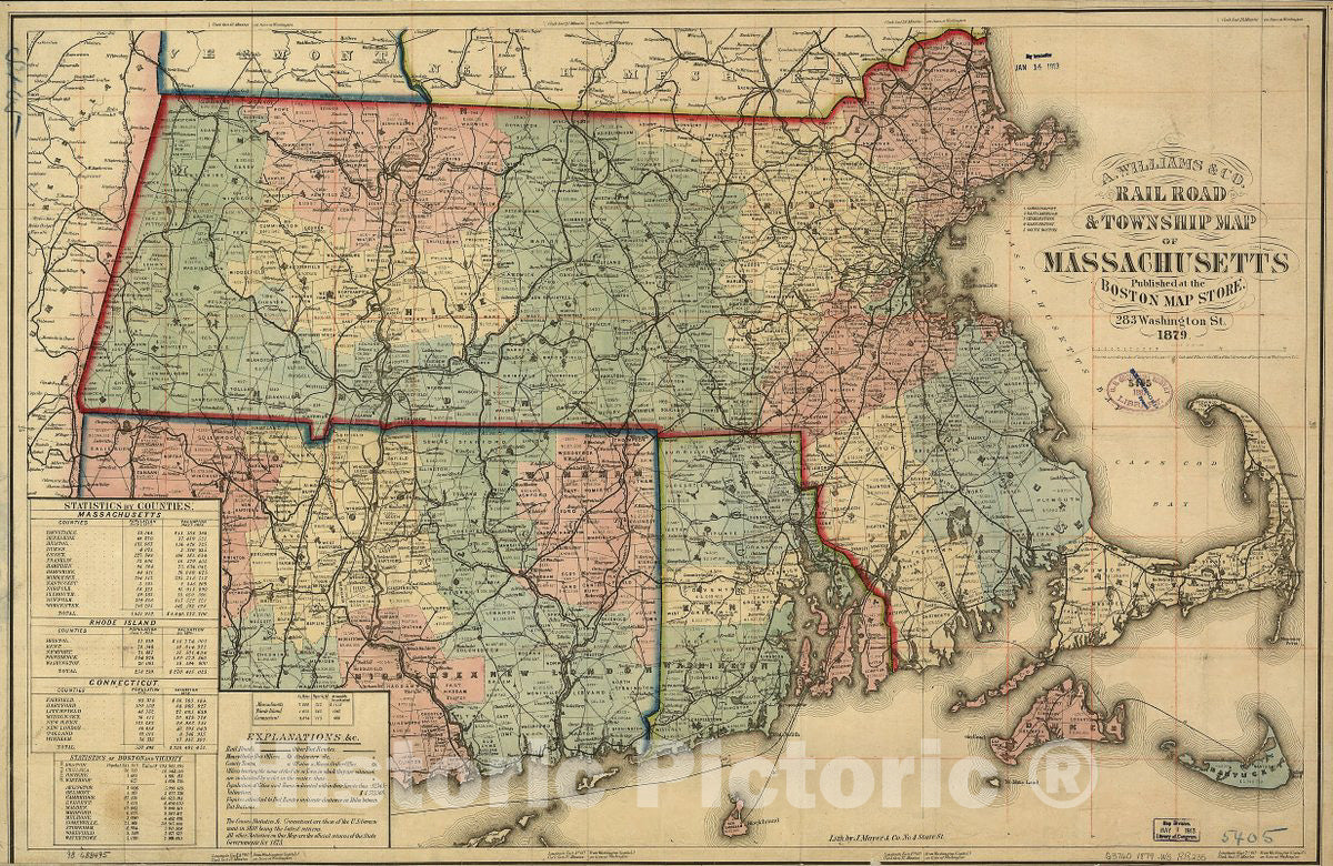 Historic 1879 Map - Rail Road & Township map of Massachusetts, published at The Boston Map Store, 1879.