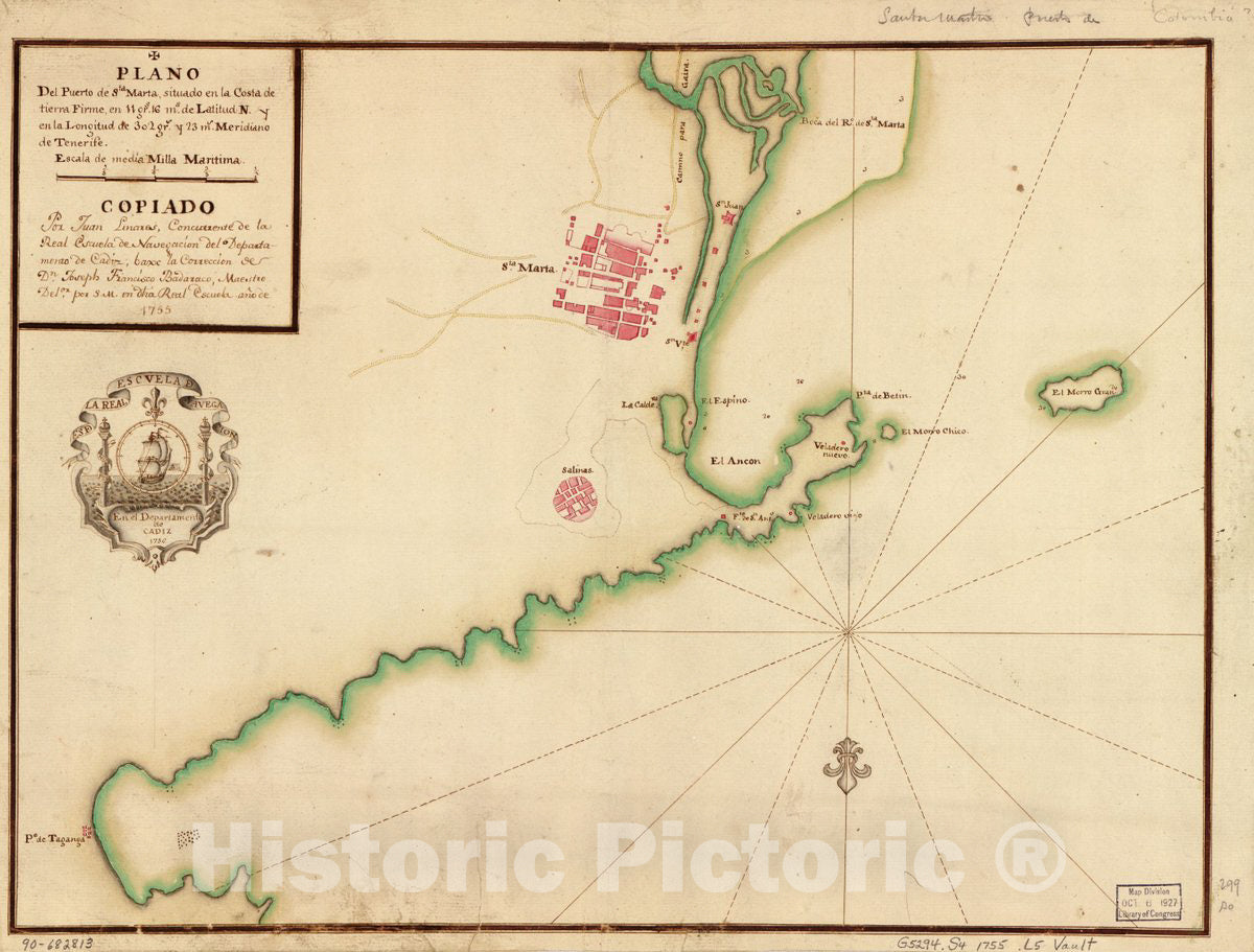 Historic 1755 Map - Plano del Puerto de Sta. Marta situado en la Costa de Tierra Firme en 11 grs. 16 ms. de latitud N. y en la longitud de 302 grs. y 23 ms, meridiano de Tenerife