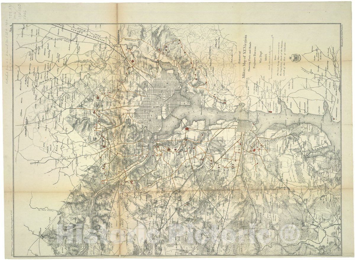 Historic 1865 Map - Extract of Military map of N.E. Virginia Showing forts and Roads