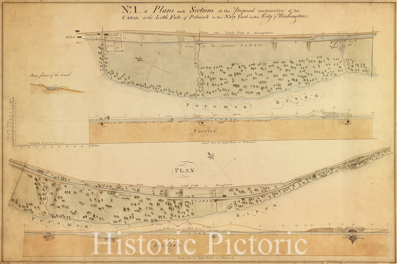 Historic 1802 Map - Plans and Sections of The Proposed Continuation of The Washington Canal from Rock Creek to Little Falls of The Potomac, Washington D.C.