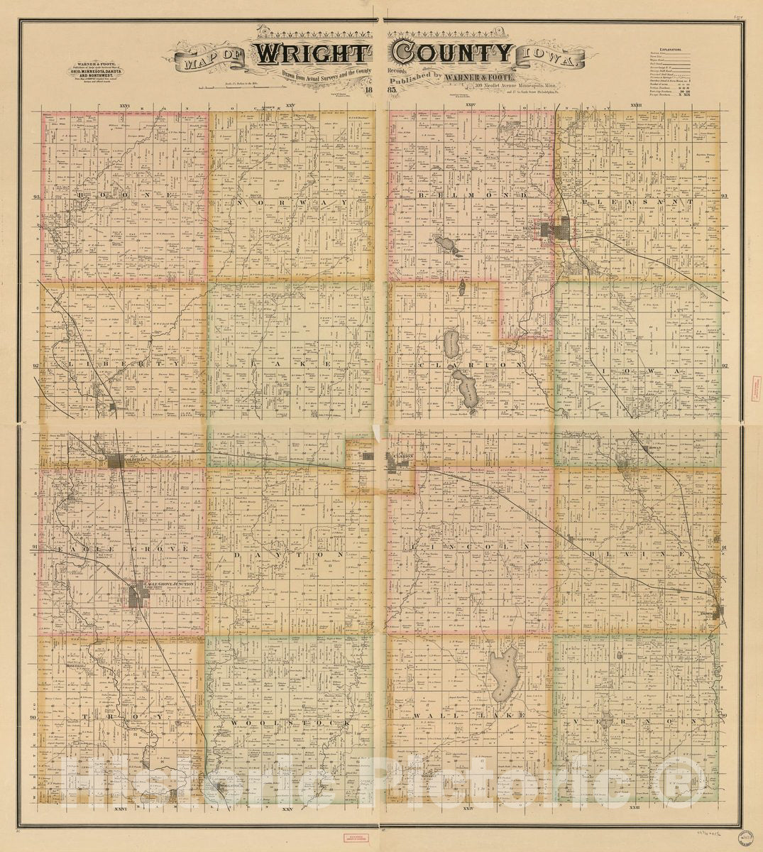 Historic 1885 Map - Map of Wright County, Iowa