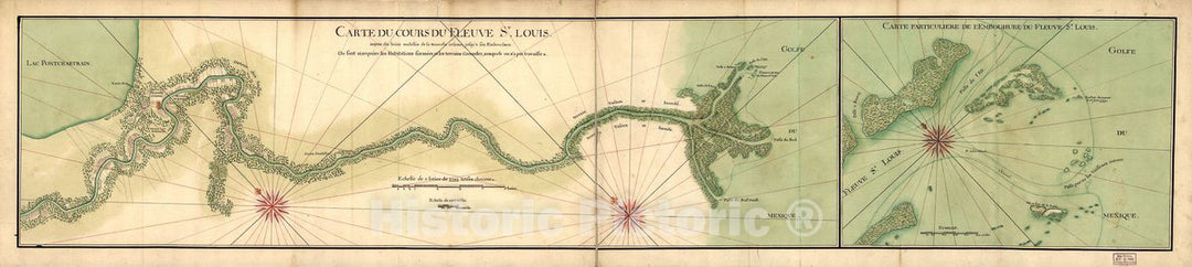Historic 1732 Map - Carte du Cours du fleuve St. Louis Depuis dix lieues audessus de la Nouvelle Orleans jusqu'Ã  Son Embouchure ou sont marquÃ©es les habitations formÃ©es