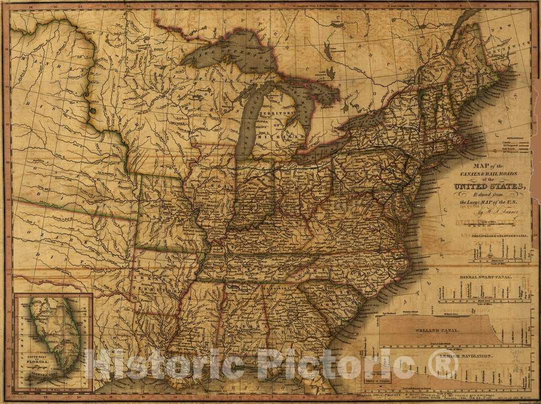 Historic 1830 Map - Map of The canals & Rail Roads of The United States Reduced from The Large map of The U.S.