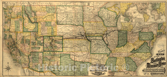 Historic 1882 Map - Correct map of The Burlington and Missouri River R.R, The Burlington Route and its Connections.