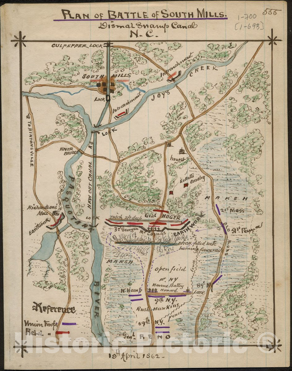 Historic 1862 Map - Plan of Battle of South Mills. Dismal Swamp Canal, N.C.