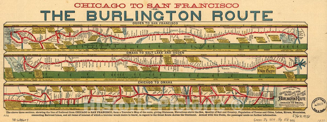 Historic 1879 Map - Chicago to San Franciso via The Burlington Route.