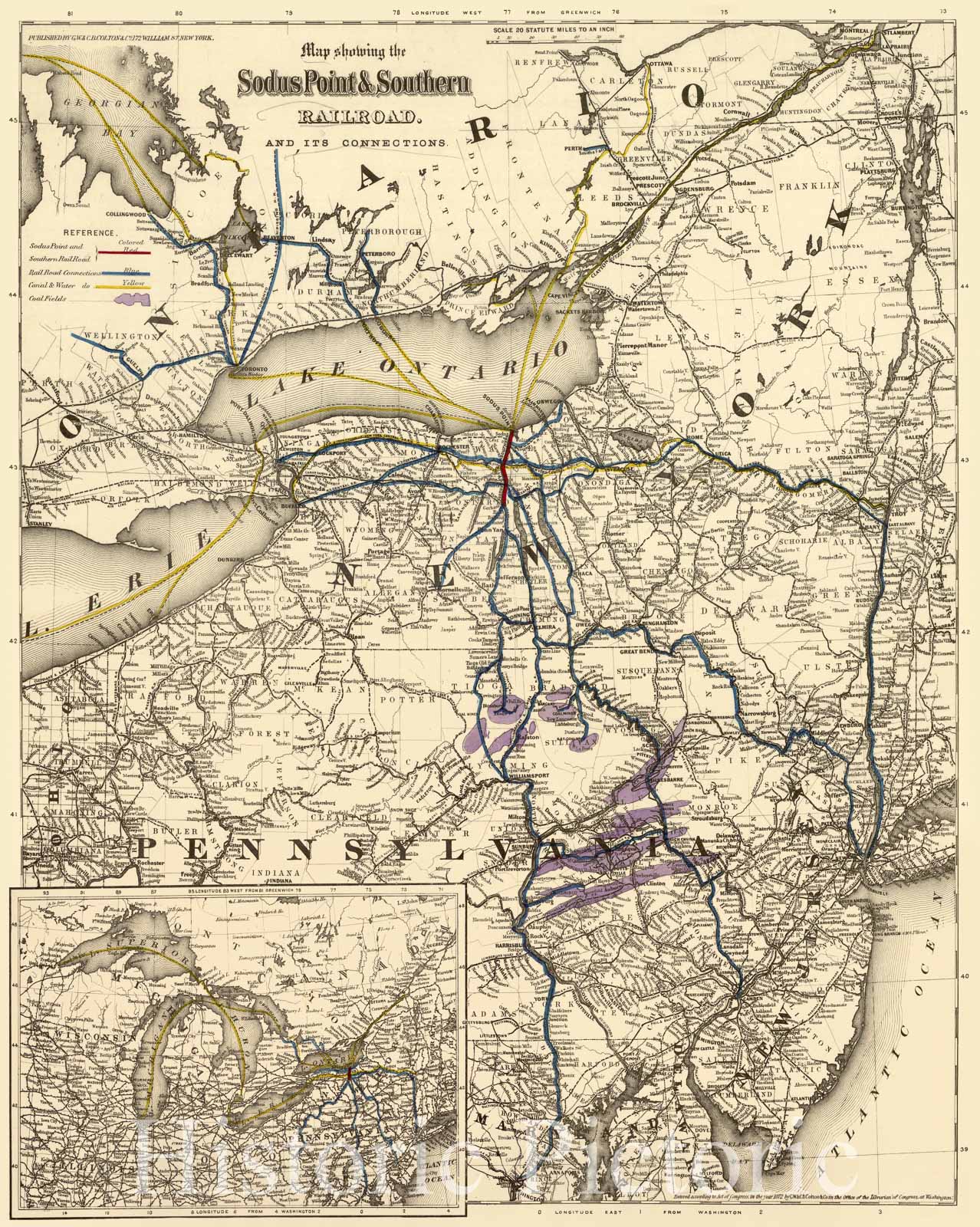 Historic 1872 Map - Map Showing The Sodus Point & Southern Railroad and its Connections.