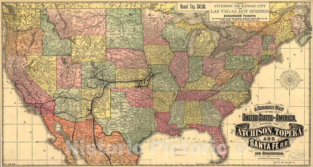 Historic 1888 Map - A Correct map of The United States of America Showing The Atchison, Topeka, and Santa FÃ© R.R. and Connections.