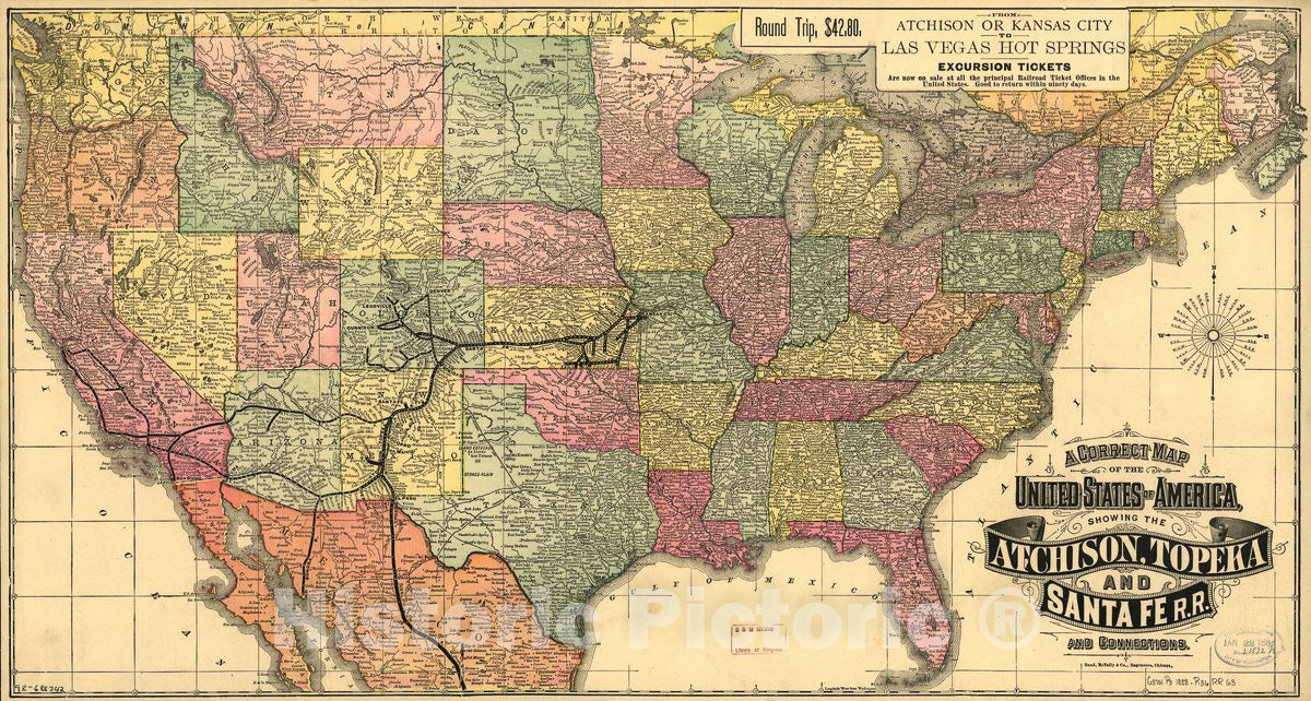 Historic 1888 Map - A Correct map of The United States of America Showing The Atchison, Topeka, and Santa FÃ© R.R. and Connections.