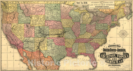 Historic 1888 Map - A Correct map of The United States of America Showing The Atchison, Topeka, and Santa FÃ© R.R. and Connections.