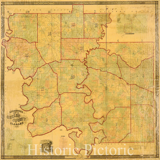 Historic 1856 Map - Snedecor's map of Greene County, Alabama, 1858.