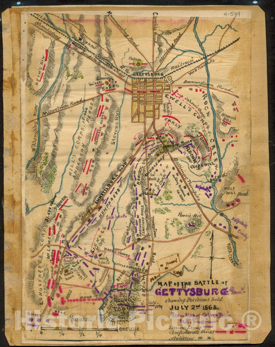 Historic 1863 Map - The Battle of Gettysburg Penna. Showing Positions held July 2nd, 1863.