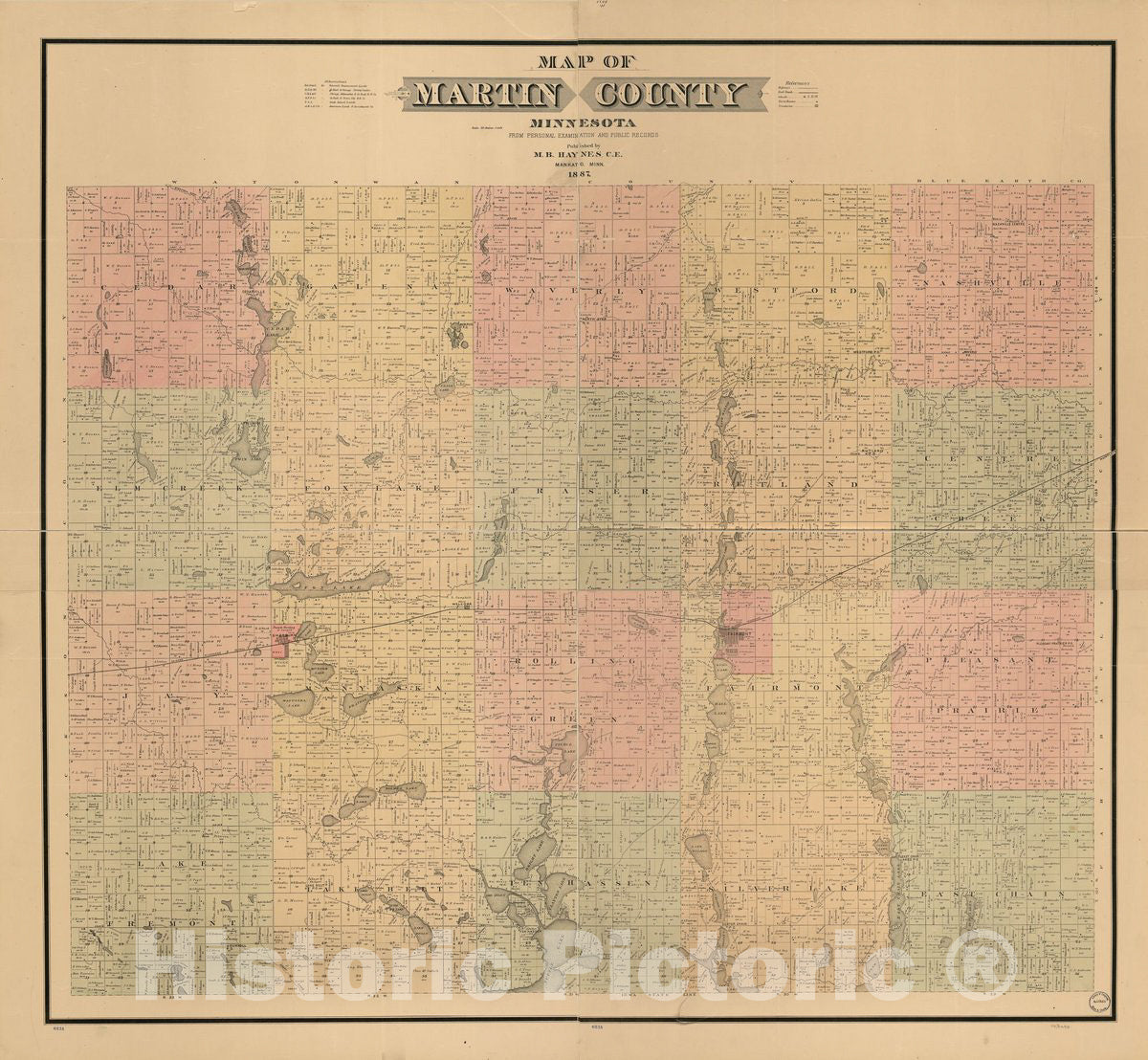 Historic 1887 Map - Map of Martin County, Minnesota : from Personal examinations and Public Records.
