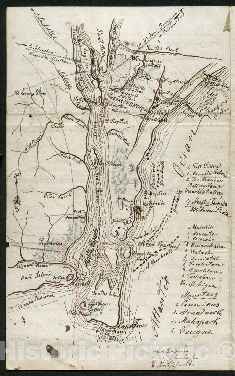 Historic 1865 Map - Map of Attack on Fort Fisher, Wilmington, N.C.