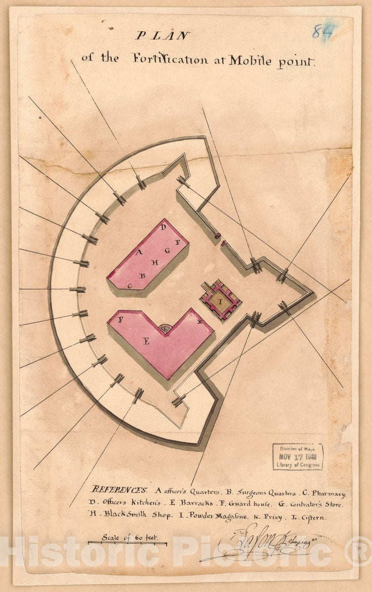 Historic 1813 Map - Plan of The Fortification at Mobile Point