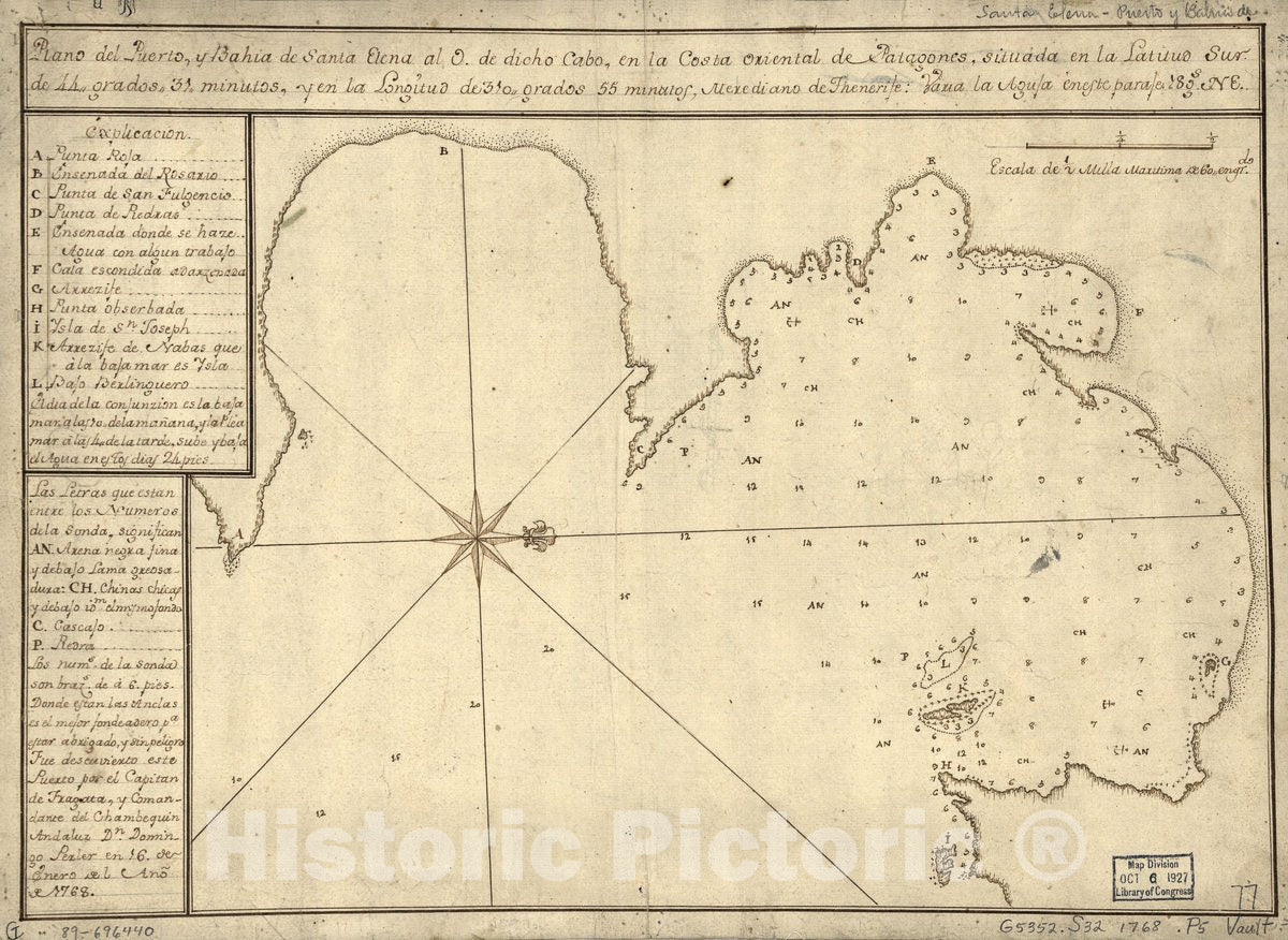 Historic 1768 Map - Plano del Puerto y BahÃ­a de Santa Elena al O. de dicho Cabo, en la Costa Oriental de Patagones, situada en la latitud sur DE 44 grados 37 minutos