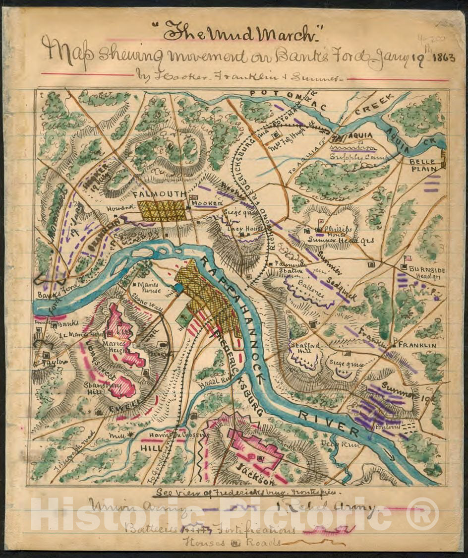 Historic 1861 Map - The Mud March shewing sic Movement on Bank's Ford Jany. 19th 1863 by Hooker, Franklin & Sumner.