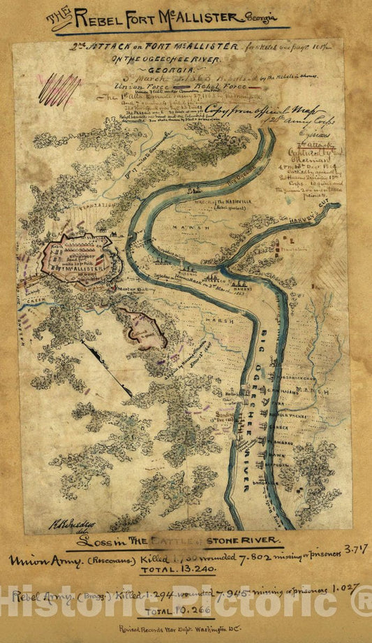 Historic 1863 Map - 2nd Attack on Fort McAllister on The Ogeechee River, Georgia