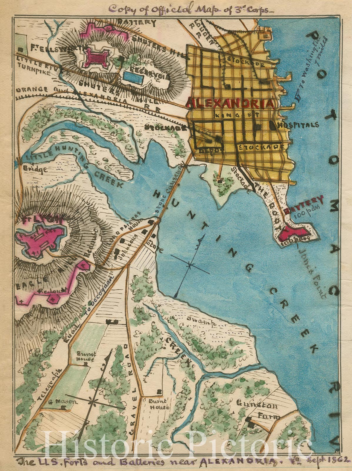 Historic 1862 Map - The U.S. forts and Batteries Near Alexandria Va. Sept 1862 Showing Fort Lyon with Extended Works.