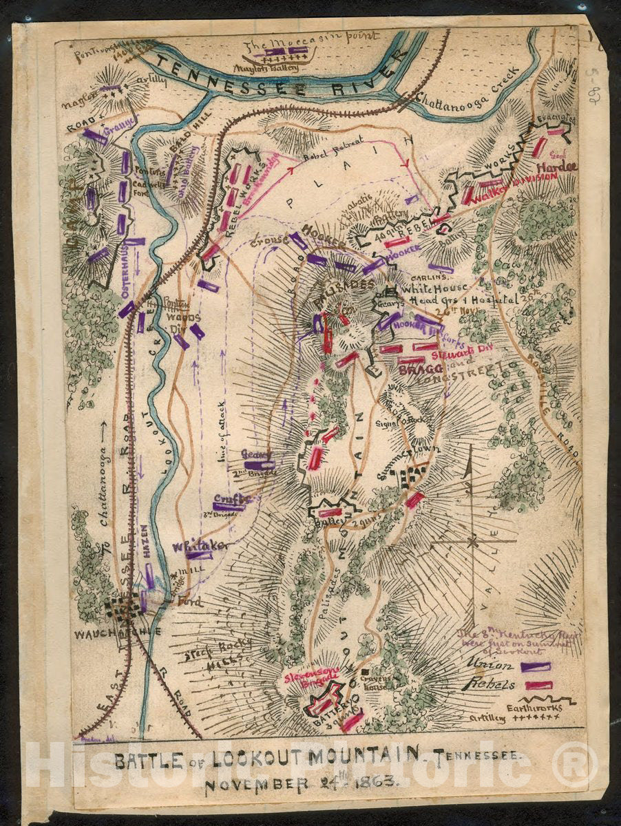 Historic 1861 Map - Battle of Lookout Mountain, Tennessee November 24th, 1863.