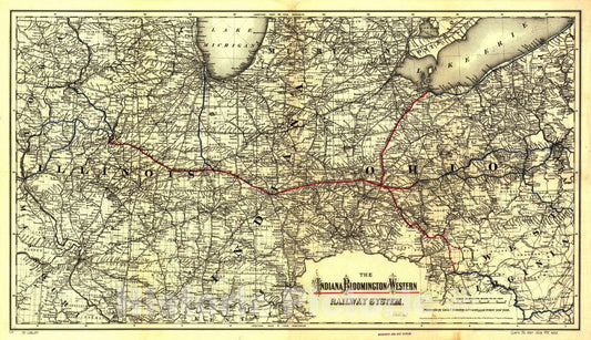 Historic 1881 Map - The Indiana, Bloomington and Western Railway System.