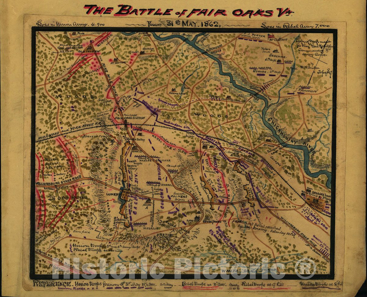 Historic 1862 Map - The Battle of Fair Oaks, Va. Fought 31st May 1862.