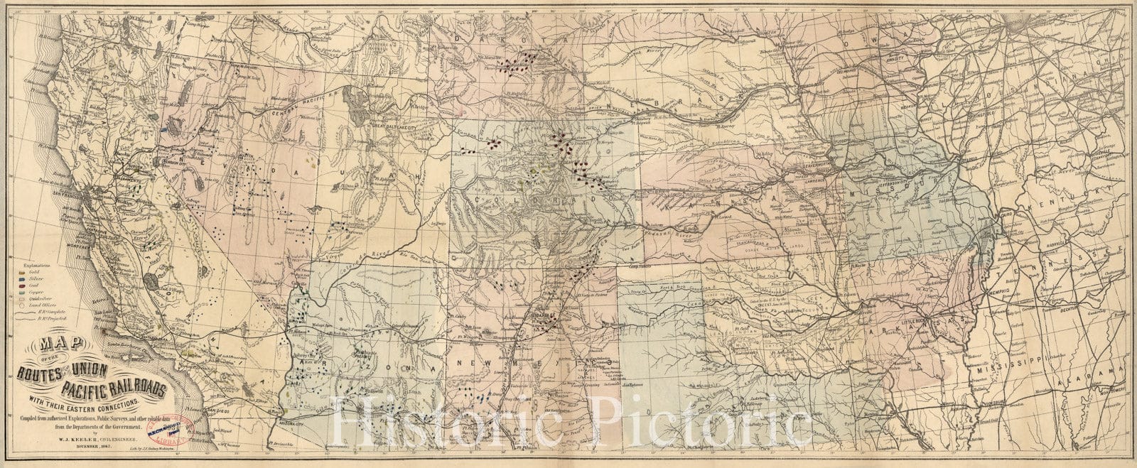 Historic 1867 Map - Map of The Routes of The Union Pacific Rail Roads with Their Eastern Connections, compiled from Authorized explorations, Public surveys, and Other Reliable Data