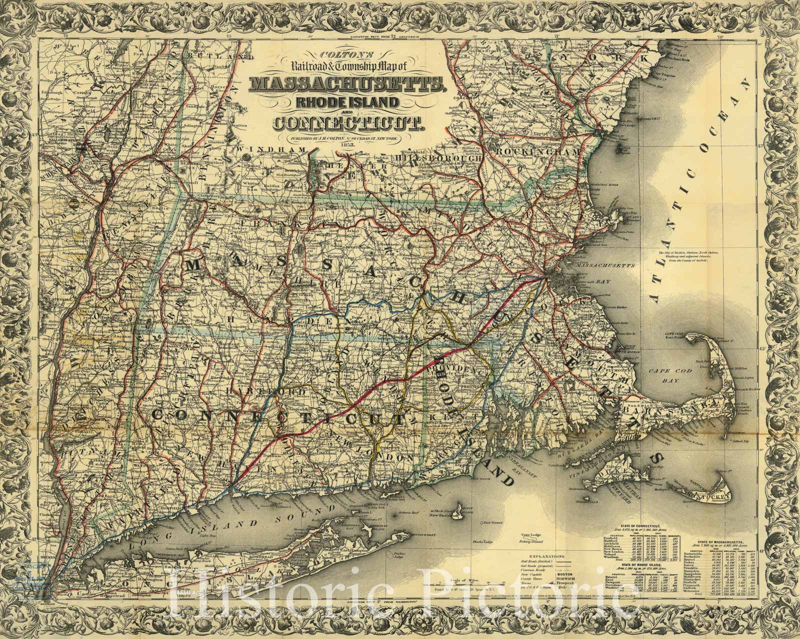 Historic 1853 Map - Colton's Railroad & Township map of Massachusetts, Rhode Island, and Connecticut.